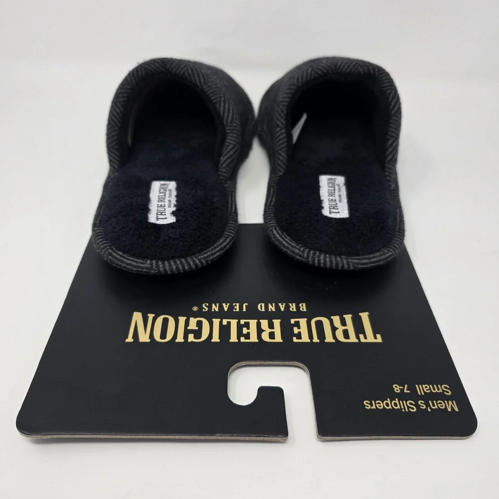 True Religion Slippers Mens Size‎ 7-8 Small Gray Herringbone Slip On Fleece